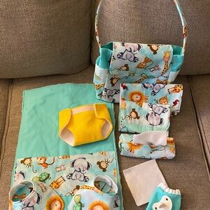 Animal print baby doll diaper bag complete set